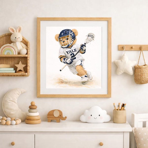 Yale Sports Nursery Teddy Bear Wall Art Sports Lacrosse Print 11x14
