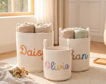 Panier de rangement personnalisé en tissu côtelé, Corbeille à jouets personnalisée avec nom de bébé, Organiseur de chambre d'enfant