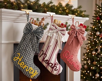 Personalised Christmas Stocking, Custom Yarn Name, Red Gingham, Red Stripe, Green Gingham