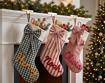 Personalised Christmas Stocking, Custom Yarn Name, Red Gingham, Red Stripe, Green Gingham