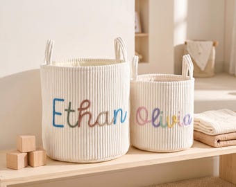 Personalized Ribbed Fabric Storage Basket, Custom Baby Name Toy Bin, Kids Room Organizer