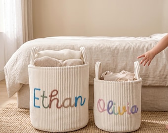 Personalized Ribbed Fabric Storage Basket, Custom Baby Name Toy Bin, Kids Room Organizer