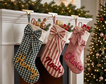 Personalised Christmas Stocking, Custom Yarn Name, Blush Pink, Red Stripe, Green Gingham