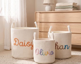 Personalized Ribbed Fabric Storage Basket, Custom Baby Name Toy Bin, Kids Room Organizer