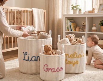 Personalized Ribbed Fabric Storage Basket, Custom Baby Name Toy Bin, Kids Room Organizer