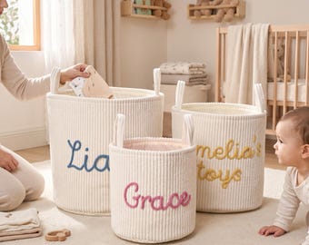 Personalized Ribbed Fabric Storage Basket, Custom Baby Name Toy Bin, Kids Room Organizer