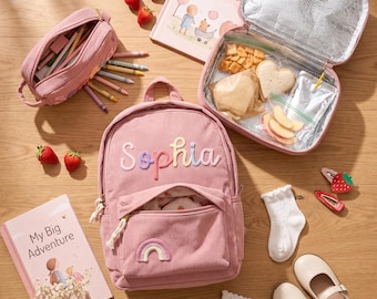 Personalized Corduroy Kids Backpack Set, Custom Name Lunch Bag, Preschool School Bag