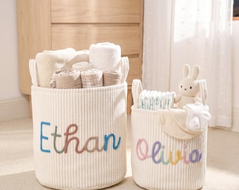 Personalized Ribbed Fabric Storage Basket, Custom Baby Name Toy Bin, Kids Room Organizer
