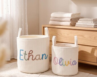 Panier de rangement personnalisé en tissu côtelé, Corbeille à jouets personnalisée avec nom de bébé, Organiseur de chambre d'enfant