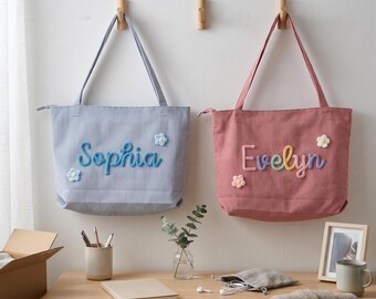 Personalized Corduroy Tote, Wool Yarn Name Mini Shoulder Bag, Bridesmaid Gift