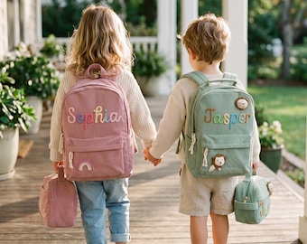 Personalized Corduroy Kids Backpack Set, Custom Name Lunch Bag, Preschool School Bag