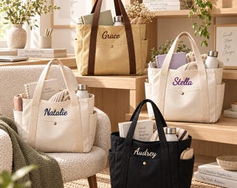 Sac cabas en toile personnalisé avec nom, sac bandoulière brodé sur mesure, cadeau pour demoiselle d'honneur, sac de travail pour enseignant