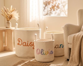 Personalized Ribbed Fabric Storage Basket, Custom Baby Name Toy Bin, Kids Room Organizer