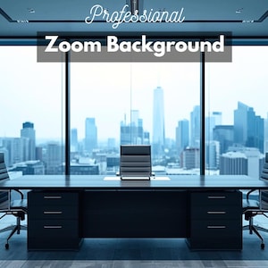 Elegant Corporate Zoom Background, Office Virtual Background, Modern Desk, City Skyline, Modern Home Office Zoom Backdrop Digital Download