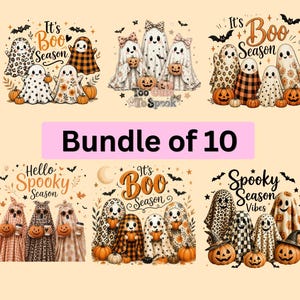 May include: A digital bundle of 10 Halloween-themed graphic designs featuring groups of ghosts wearing various patterned sheets and holding pumpkins. The text includes phrases like Too Cute To Spook, It's Boo Season, Spooky Season Vibes, and Hello Spooky Season.