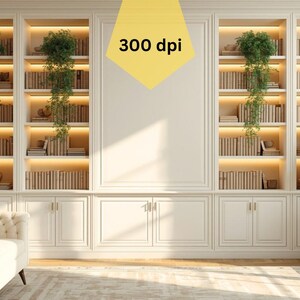 May include: A built-in bookcase with multiple shelves filled with books. The shelves are illuminated with warm lighting. The text "300 dpi" is in a yellow shape. A sofa and a potted plant are in the room.