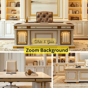 May include: A luxurious white and gold office setting with a large desk, bookshelves, and a chair. The desk has a brown top and gold trim. The image includes the text "3 Pack Bundle", "White & Gold", and "Zoom Background".
