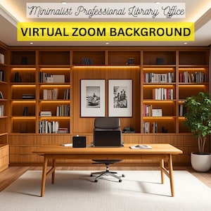 May include: A virtual Zoom background featuring a minimalist professional library office. The room has wooden bookshelves, a desk with a laptop, and two framed pictures. The text "Virtual Zoom Background" is displayed.