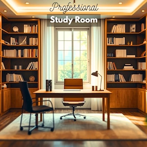 Cozy Professional Study Room Zoom Background, Warm Home Office, Bookshelf Desk Backdrop, Digital Download
