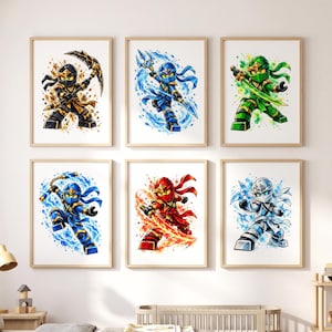 May include: Six framed wall art prints featuring stylized ninja characters in action poses. Each print displays a different colored ninja—black, blue, green, blue, red, and white—surrounded by vibrant watercolor-style splashes of corresponding colors.