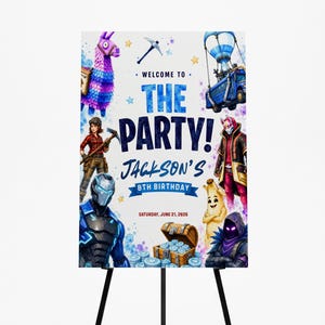 Peut inclure: Une affiche rectangulaire pour une fête d'anniversaire illustrée de personnages de jeux vidéo, d'un lama piñata, d'un coffre au trésor et d'un bus de combat. Le texte indique : Welcome to the party! Jackson's 8th birthday, Saturday, June 21, 2026.