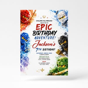 May include: A birthday invitation featuring five ninjas in red, white, blue, black, and green masks. The text reads: CALLING ALL NINJAS! JOIN US FOR AN EPIC BIRTHDAY ADVENTURE! Jackson's 7TH BIRTHDAY! SATURDAY, JUNE 21, 2025 2:00PM 5:00PM NINJAGO DOJO 123 NINJA WAY CITY, STATE 12345 RSVP TO SENSEI MOM 123-456-7890.