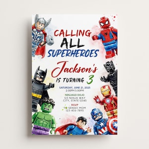 Puede incluir: Una tarjeta de invitación de cumpleaños rectangular con ilustraciones estilo acuarela de varias minifiguras de superhéroes. El texto dice: CALLING ALL SUPERHEROES, Jackson's IS TURNING 3, SATURDAY, JUNE 21, 2025, 2:00PM 5:00PM, NINJAGO DOJO, 123 NINJA WAY, CITY, STATE 12345, RSVP TO SENSEI MOM 123-456-7890.