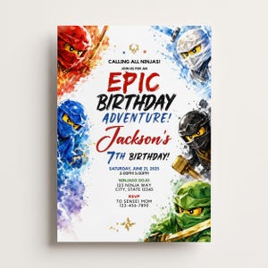 Op de afbeelding: Een verjaardagsuitnodigingskaart met aquarel-stijl illustraties van vijf ninja's in rode, witte, blauwe, zwarte en groene maskers. De tekst luidt: CALLING ALL NINJAS! JOIN US FOR AN EPIC BIRTHDAY ADVENTURE! Jackson's 7TH BIRTHDAY! SATURDAY, JUNE 21, 2025.