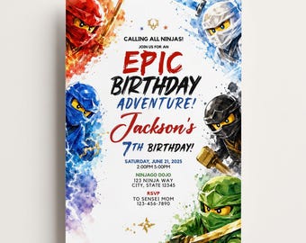 Puede incluir: Una tarjeta de invitación de cumpleaños con ilustraciones estilo acuarela de cinco personajes ninja con máscaras rojas, azules, blancas, negras y verdes. El texto dice: CALLING ALL NINJAS! JOIN US FOR AN EPIC BIRTHDAY ADVENTURE! Jackson's 7TH BIRTHDAY!
