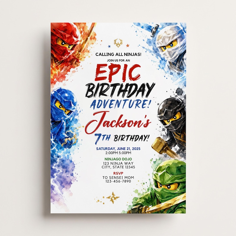 May include: A birthday invitation card featuring watercolour-style illustrations of five ninjas in red, white, blue, black, and green masks. The text reads: CALLING ALL NINJAS! JOIN US FOR AN EPIC BIRTHDAY ADVENTURE! Jackson's 7TH BIRTHDAY! SATURDAY, JUNE 21, 2025.