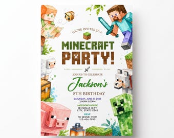 Pixel Block Birthday Invitation, Gamer Birthday Invitation, Block Party Invite, Kids Canva Template, Digital Download, Mine Block World