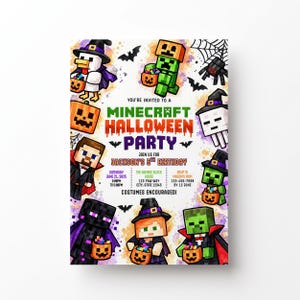 May include: A rectangular party invitation featuring Minecraft-style characters in Halloween costumes, including a witch, vampire, and pumpkin-headed figures. The text reads: YOU'RE INVITED TO A MINECRAFT HALLOWEEN PARTY, JOIN US FOR JACKSON'S 5TH BIRTHDAY.
