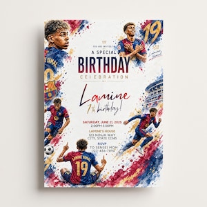 Invito di compleanno Lamine Yamal, invito per festa di calcio, tema FC Barcelona, invito stampabile per il 7° compleanno