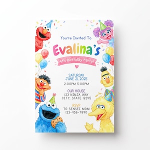 Może przedstawiać: Zaproszenie na przyjęcie urodzinowe z akwarelowymi ilustracjami postaci z Ulicy Sezamkowej, w tym Elmo, Ciasteczkowego Potwora, Wielkiego Ptaka, Berta i Abby Cadabby. Tekst brzmi: You're Invited To Evalina's 4th Birthday Party! Saturday June 21, 2025, 2:00PM 5:00PM, Our House 123 Ninja Way City, State 12345, RSVP To Sensei Mom 123-456-7890.