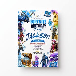 May include: A Fortnite birthday party invitation for Jackson turning 7 on Saturday, June 21, 2025. The design features colorful watercolor splashes, various game characters, a treasure chest, a llama, and the text Victory Royale.