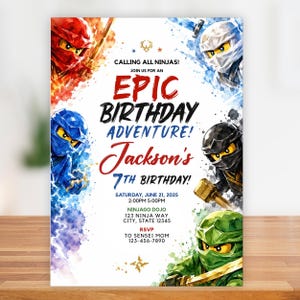 May include: A rectangular birthday invitation card featuring watercolour-style illustrations of five ninja characters in red, blue, white, black, and green masks. The text reads: CALLING ALL NINJAS! EPIC BIRTHDAY ADVENTURE! Jackson's 7TH BIRTHDAY! June 21, 2025.