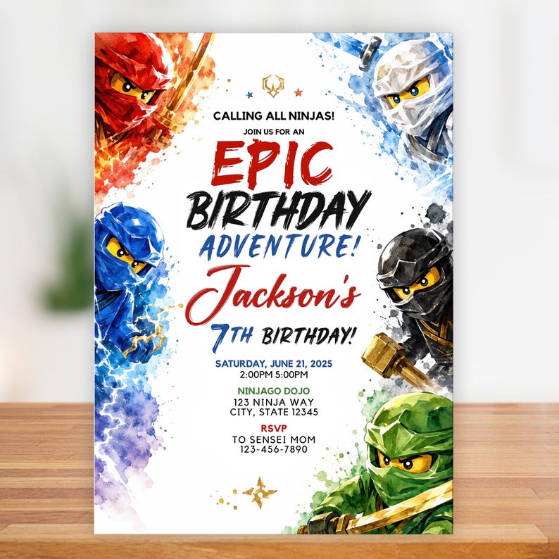 May include: A rectangular birthday invitation card featuring watercolour-style illustrations of five ninja characters in red, blue, white, black, and green masks. The text reads: CALLING ALL NINJAS! EPIC BIRTHDAY ADVENTURE! Jackson's 7TH BIRTHDAY! June 21, 2025.