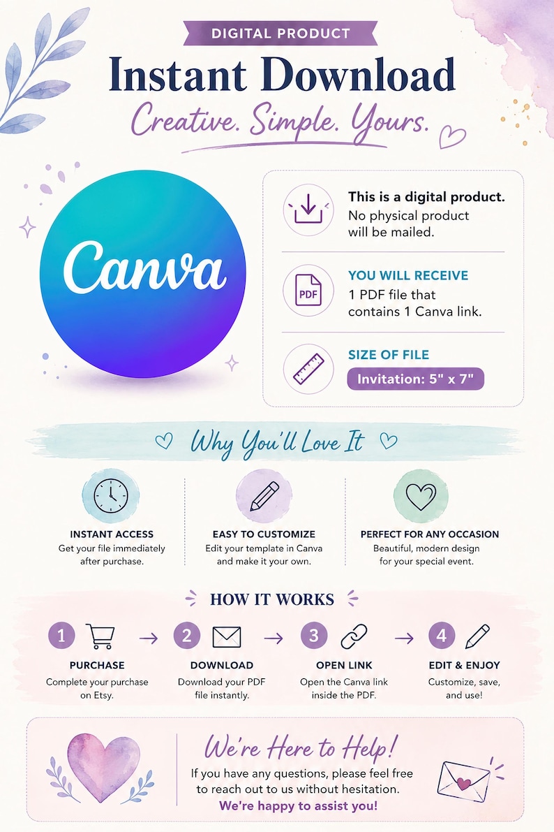 May include: A digital product information graphic featuring the text Instant Download, Creative. Simple. Yours. and Canva. It outlines a process for a 5 inch by 7 inch invitation template, including icons for a PDF, a ruler, a clock, and a pencil.