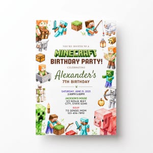 May include: A Minecraft birthday party invitation for Alexander's 7th birthday on Saturday, June 21, 2025, at 2:00PM-5:00PM at Jackson's House, 123 Ninja Way, City, State 12345. The border features various pixelated characters and items.