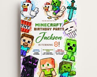 Pixel Block Birthday Invitation, Gamer Birthday Invitation, Block Party Invite, Kids Canva Template, Digital Download, Mine Block World