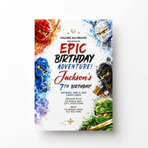 May include: A birthday invitation card featuring watercolour-style illustrations of five ninjas in red, blue, white, black, and green masks. The text reads: CALLING ALL NINJAS! JOIN US FOR AN EPIC BIRTHDAY ADVENTURE! Jackson's 7TH BIRTHDAY! SATURDAY, JUNE 21, 2025 2:00PM 5:00PM NINJAGO DOJO 123 NINJA WAY CITY, STATE 12345 RSVP TO SENSEI MOM 123-456-7890.