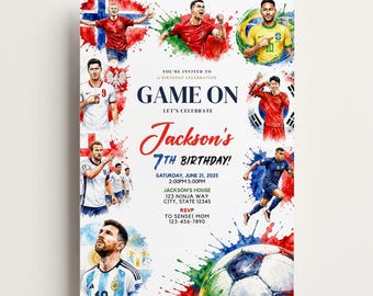 May include: A birthday invitation featuring watercolor-style illustrations of soccer players in various national jerseys, a soccer ball, and paint splatters. Text includes GAME ON, Jackson's 7TH BIRTHDAY, date, time, location, and RSVP details.