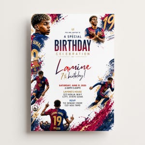 Pode incluir: Um convite de aniversário com Lamine Yamal em uma camisa de futebol e respingos de tinta azul e vermelha. O texto inclui A SPECIAL BIRTHDAY CELEBRATION, Lamine 7th birthday, sábado, 21 de junho de 2025, 14h 17h e detalhes de RSVP.