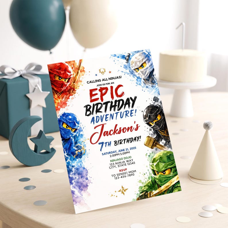 May include: A rectangular birthday invitation card featuring watercolour-style illustrations of five colourful ninja characters. The text reads: CALLING ALL NINJAS! JOIN US FOR AN EPIC BIRTHDAY ADVENTURE! Jackson's 7TH BIRTHDAY! SATURDAY, JUNE 21, 2025 2:00PM 5:00PM NINJAGO DOJO 123 NINJA WAY CITY, STATE 12345 RSVP TO SENSEI MOM 123-456-7890.