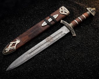 Damascus Viking Short Sword, Handmade Norse Medieval Dagger with Wood Scabbard, 24" Hand Forged Celtic Sword, Collectible Gift for Men