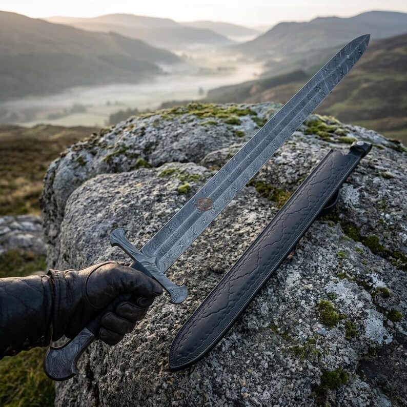 May include: A double-edged sword with a patterned Damascus steel blade and a matching metal hilt, accompanied by a black leather scabbard featuring embossed detailing. The sword exhibits a distinct wavy metal grain texture throughout the blade.