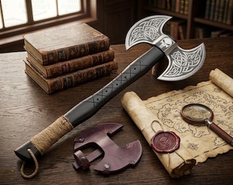 May include: A double-bladed axe with a black handle and silver blades, featuring a skull design and Celtic knotwork. The axe rests on a wooden table with old books, a map, and a magnifying glass. A leather axe sheath is also present.