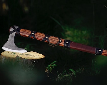 Hand Forged Viking Axe, 21" Carbon Steel Bearded Hatchet, Rosewood Handle, Leather Wrap