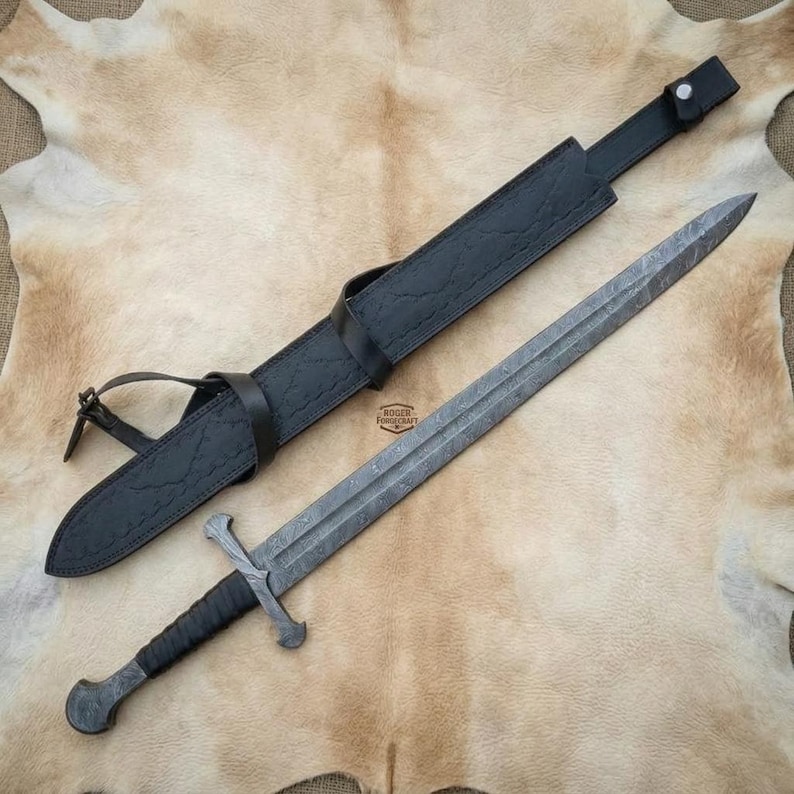Handmade Damascus Display Sword, 36" Medieval Longsword, Leather Sheath
