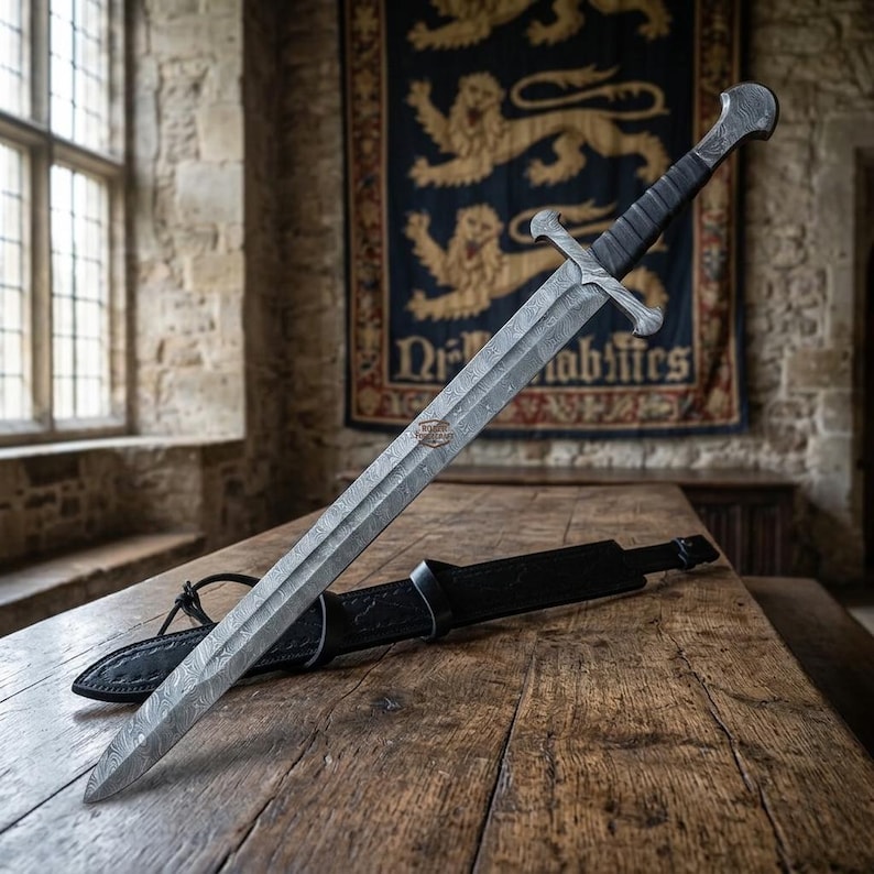 Handmade Damascus Display Sword, 36" Medieval Longsword, Leather Sheath image 6